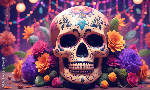 Mexican Skull Still-Life 3D Art Animated Graphic, Invitation Card Banner Website Design Background - ai generated