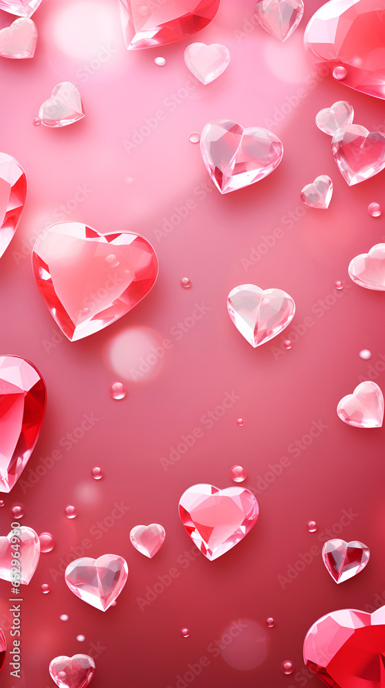 Pink crystal hearts on dark pink background, love banner, greeting card, Valentine Day vertical banner. Valentine's Day background with 3d hearts, copy space. 14 February concept. Love and relations