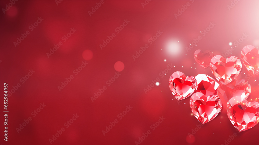 Obraz premium Red crystal hearts on magenta bokeh background with copy space, love banner, greeting card, Valentine Day banner. Valentine's Day background with 3d red hearts. 14 February heart. Love and relations