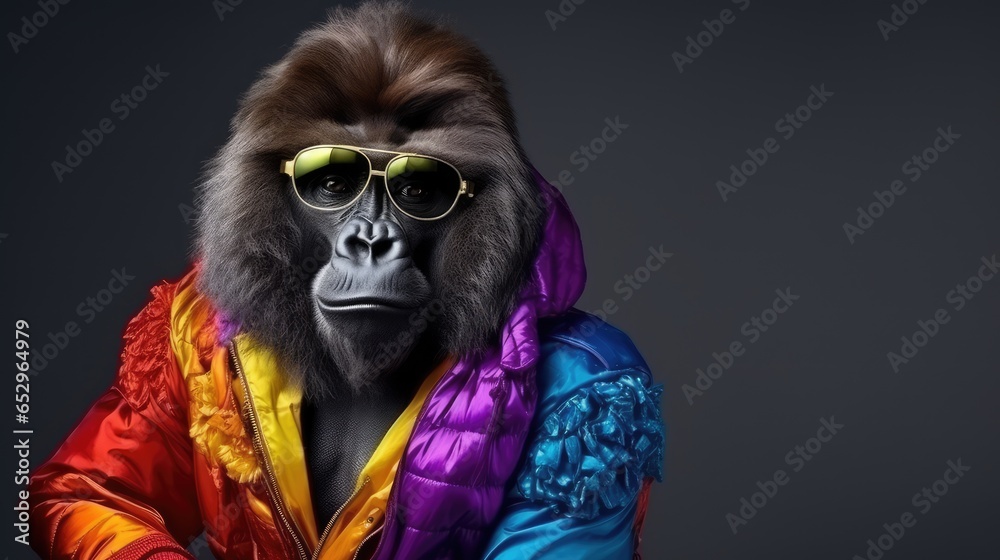 fashion photo. stylish gorilla posing in bright modern clothing and sunglasses in the studio fashion photo. stylish gorilla posing in bright modern clothing and sunglasses in the studio