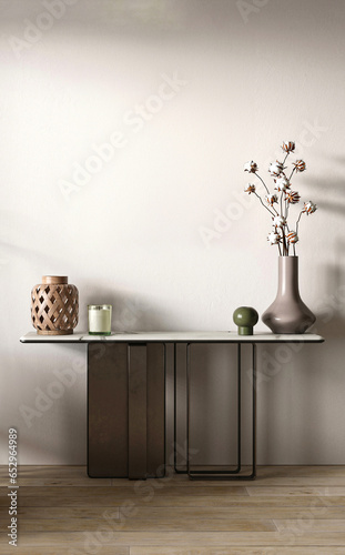 Boho beige livingroom with console, dry plants and vase background. Light modern japanese nature view. 3d rendering mock up. High quality 3d illustration