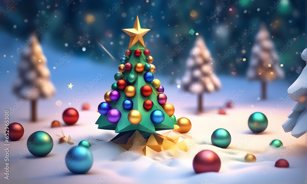 Obraz premium Low Poly Christmas Tree Winter Landscape Digital Art Graphic, Invitation Card Banner Website Design Background - ai generated