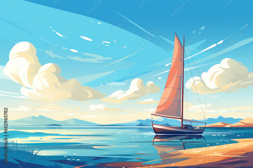 Naklejka premium Sea travel and walks along the shore on a sailboat, a beautiful yacht with sails on the sea waves, illustration