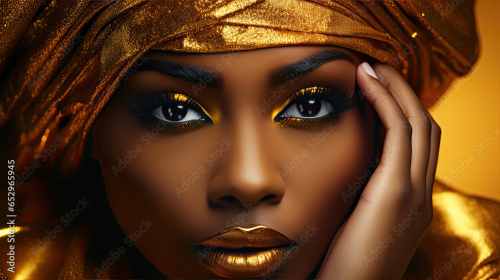 Portrait closeup Beauty fantasy African woman's face in gold paint. Golden shiny skin. Fashion model girl goddess hand fingers posing. Arab turban head, jeweler bracelets. Professional metallic makeup Portrait closeup Beauty fantasy African woman's face in gold paint. Golden shiny skin. Fashion model girl goddess hand fingers posing. Arab turban head, jeweler bracelets. Professional metallic makeup