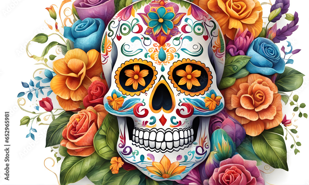 Sugar Skull Flowers Fiesta Digital Art Graphic, Festival Wall Art Banner Website Design Background - ai generated