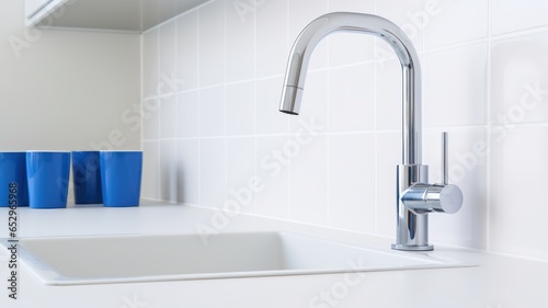 Fragment of a modern luxury white kitchen. Countertop with built-in sink, chrome faucet. White tile backsplash, blue cups in the background. Close-up. Contemporary interior design. 3D rendering.