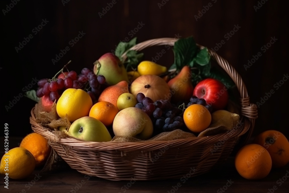 ripe fruits and vegetables in a basket on a high table, ai generative