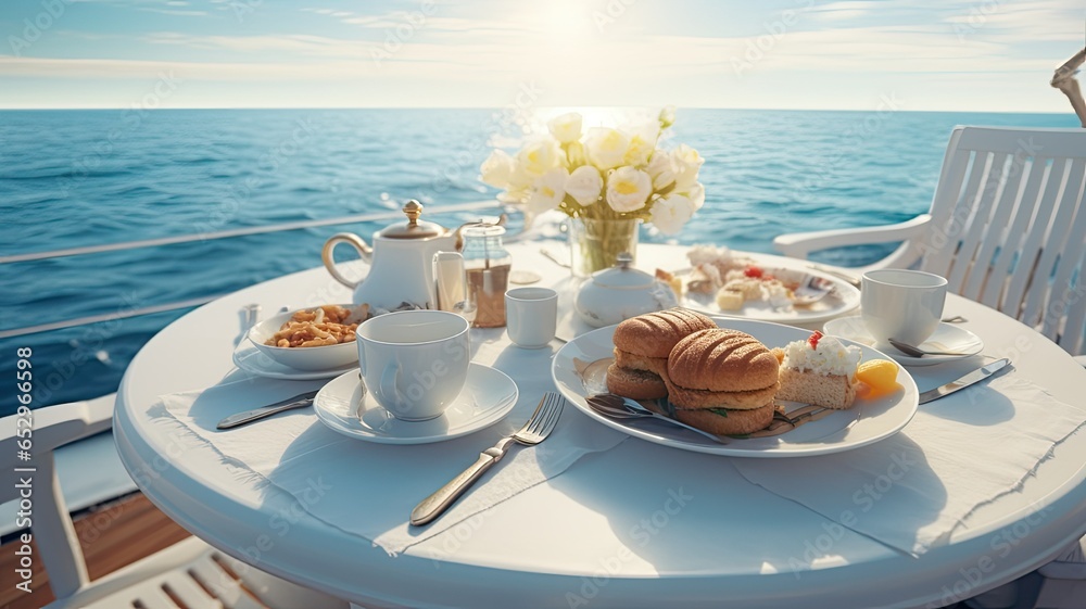 Obraz premium A beautifully set breakfast table on the deck of a luxury motor yacht, bathed in sunlight, overlooking the open sea.