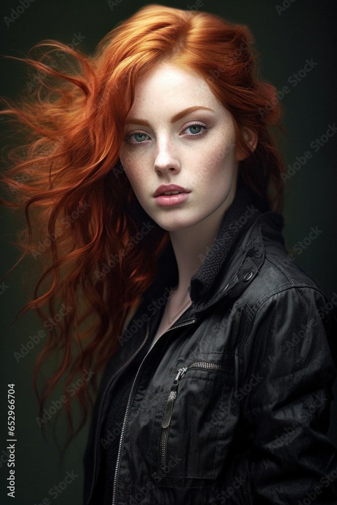 Close up of a Luxury portrait of a beautiful woman with Red hair and a black background.