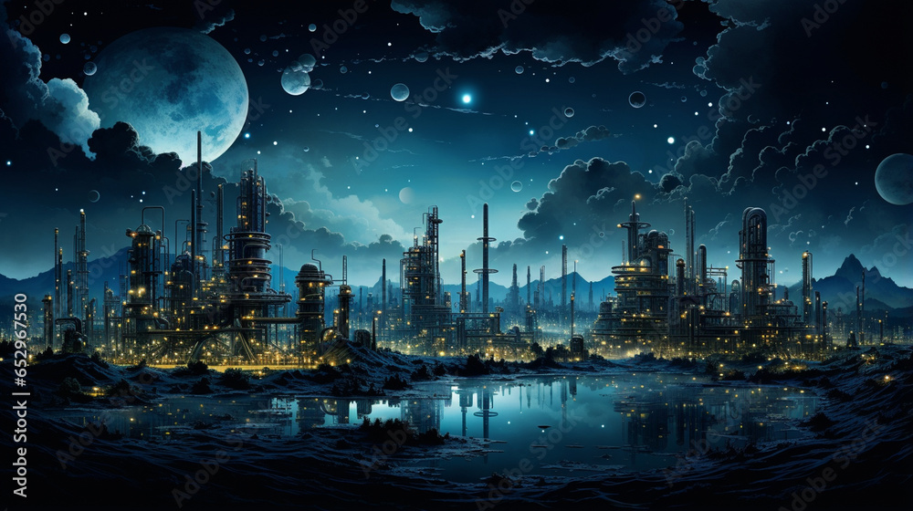 Under the shroud of night, an oil refinery field becomes a symphony of industrial luminescence. Towers and structures stand tall, illuminated by an intricate tapestry of lights. Th