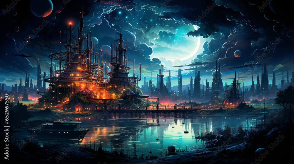 Amidst the darkened expanse, an oil refinery field transforms into a realm of mesmerizing illumination. Towering structures are adorned with a tapestry of lights, crafting a tablea