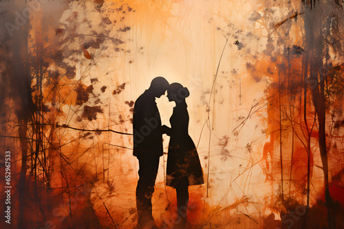 Couple in love holding hands silhouette on artistic vintage background. Valentine's Day , Anniversary celebrations cards design.