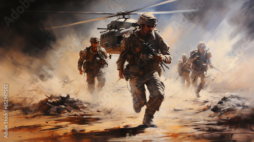 Amid the intensity of battle, soldiers sprint with purpose towards a waiting helicopter. Their determined strides and gear-laden forms embody readiness and resolve. Against the bac