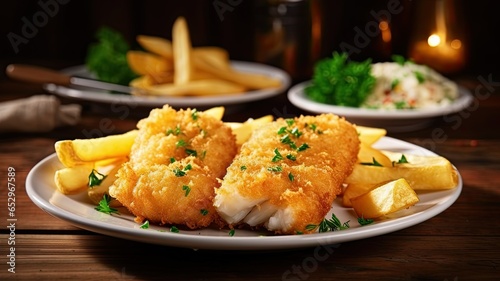 Obraz na płótnie A delicious plate of two golden battered fish fillets served with crispy french fries on a rustic wooden background, creating a mouthwatering meal