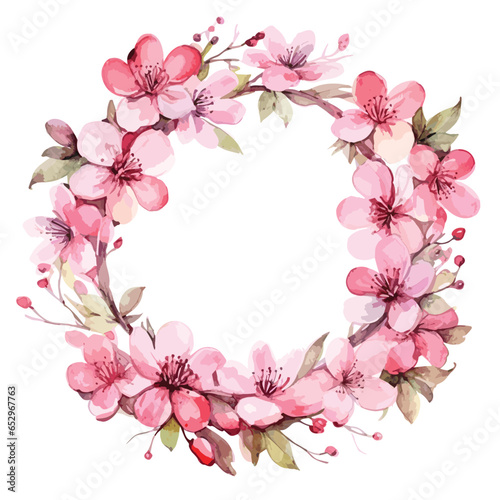 Wreath with cherry blossoms in watercolor style, isolated on white, pink cherry blosoms illustration 