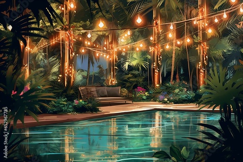 Illustration of pool with glowing garlands and exotic plants in a tropical resort, conveying a vacation ambiance. Generative AI