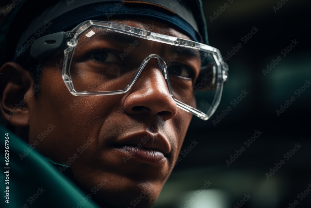 Focused worker man portrait technological industrial complex factory production line workers face safety measures eyewear manufacturing mechanical scientific close-up employee enthusiasm concentration Focused worker man portrait technological industrial complex factory production line workers face safety measures eyewear manufacturing mechanical scientific close-up employee enthusiasm concentration