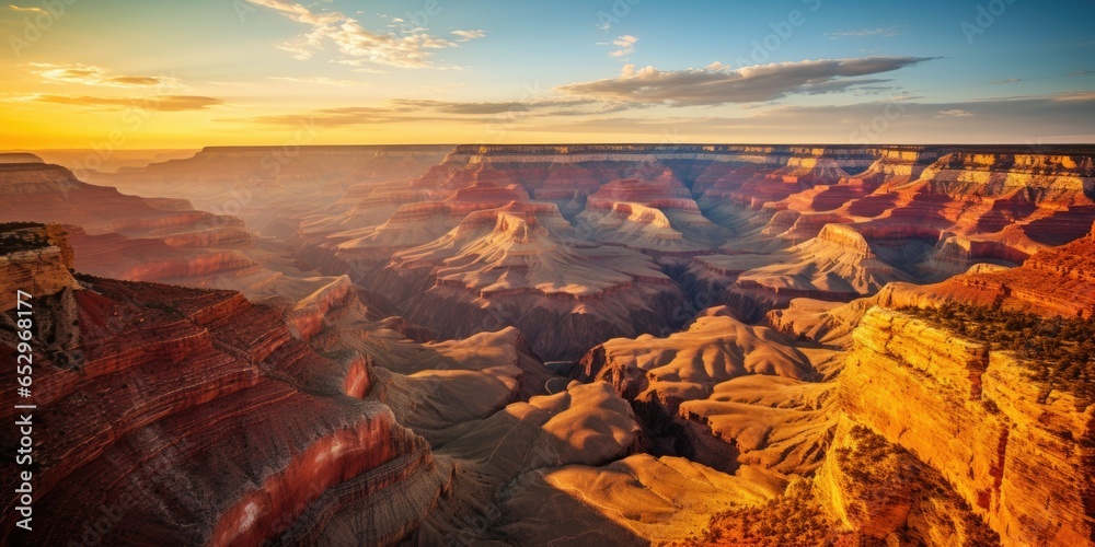 Grand canyon is bathing in golden sunset hues. Generative AI