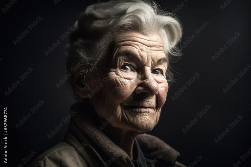 Close up of a Historic portrait of an Old woman with a black background.