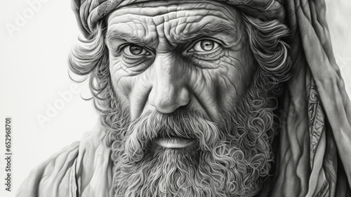 An old charcoal drawing portrait of a man with a serious expression, staring off into the distance.