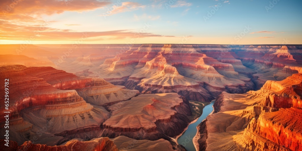 Grand canyon is bathing in golden sunset hues. Generative AI - obrazy, fototapety, plakaty 