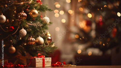 Fototapeta Naklejka Na Ścianę i Meble -  Vintage Christmas Tree Adorned with Nostalgic Ornaments and Tinsel, decorated Christmas tree, with copy space