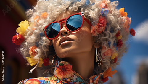 A fashionable, elegant woman with curly blond hair and sunglasses generated by AI