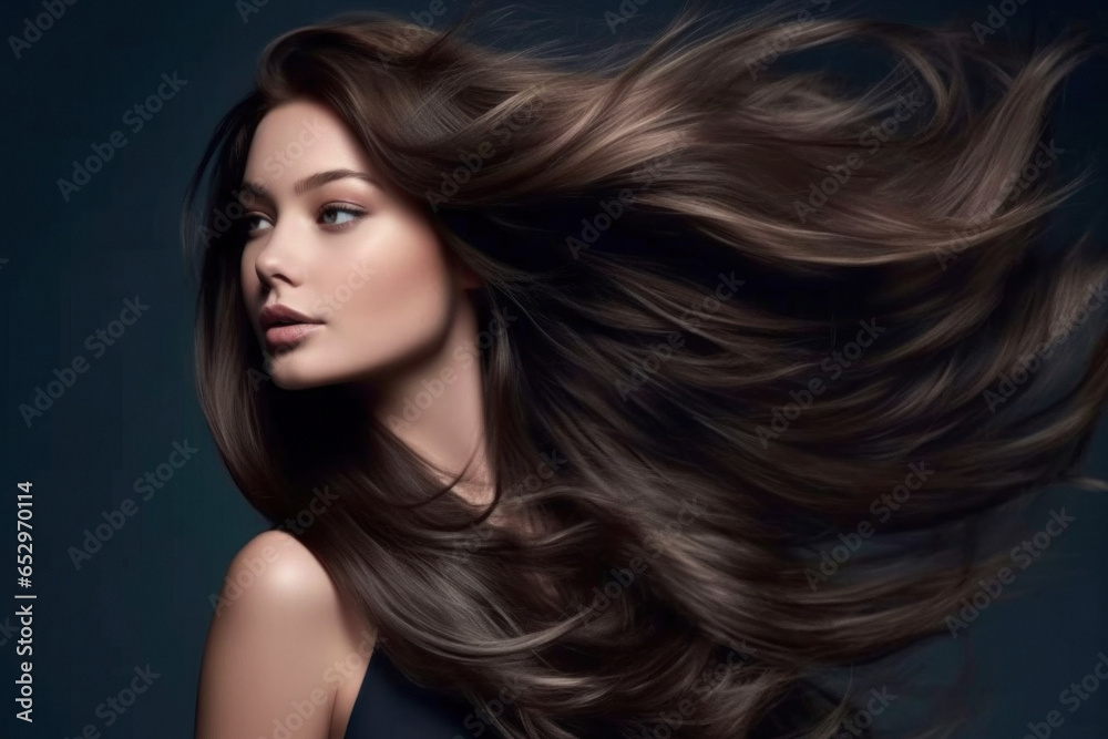 Close up of a Luxury portrait of a beautiful woman with long hair and a black background.