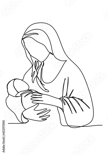 Shawl-wearing woman with a baby in her arms. Biblical stories, virgin mary with jesus christ in her arms. One line drawing vector illustration.