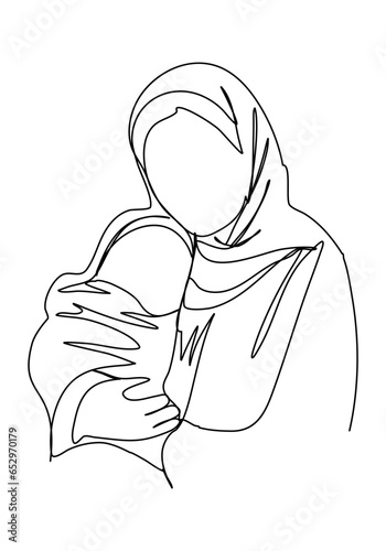 Shawl-wearing woman with a baby in her arms. Biblical stories, virgin mary with jesus christ in her arms. One line drawing vector illustration.