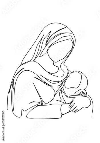 Shawl-wearing woman with a baby in her arms. Biblical stories, virgin mary with jesus christ in her arms. One line drawing vector illustration.