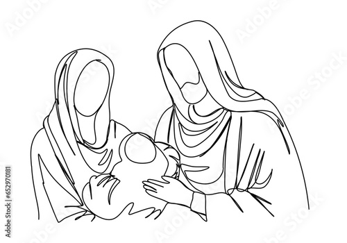 Nativity scene one line drawing vector illustration. Biblical stories, Joseph, virgin Mary with Jesus Christ in her arms.