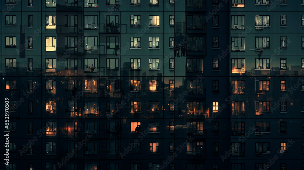 Night view of apartment building windows, an indicator of neighborhood and social life. Generative AI - obrazy, fototapety, plakaty 