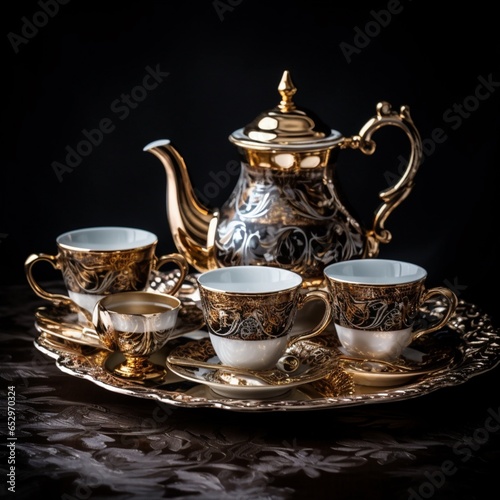 Beautiful art deco style porcelain tea, coffee set saucer pictures AI Generated art