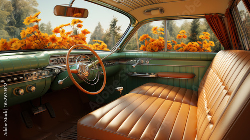 inside retro car in yellow and green colors. vintage aesthetics of the 60s. banner