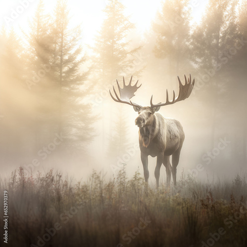 Albino bull moose standing in a misty forest photo