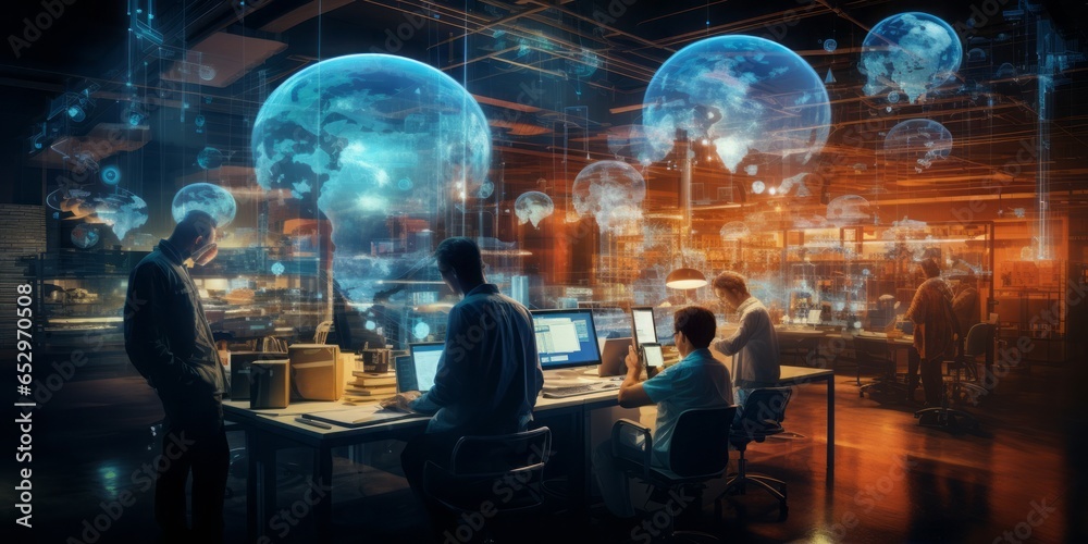 Fototapeta premium Technological Fusion in the Workplace: Industry Professionals Utilize Advanced Tools and Collaborative Efficiency to Enhance Productivity, Embracing a Modern and Innovative Approach to Work