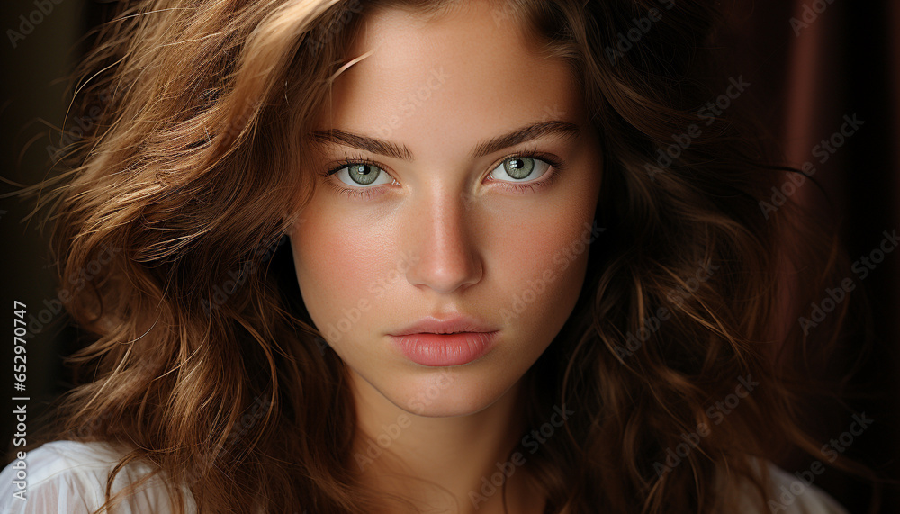 A beautiful woman with long brown hair looking at camera generated by AI A beautiful woman with long brown hair looking at camera generated by AI
