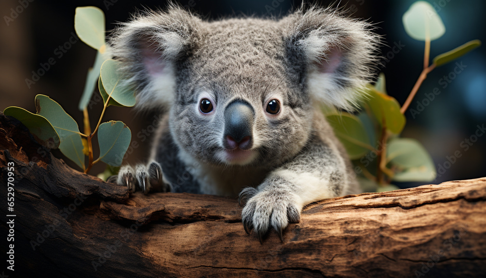 Fototapeta premium A cute koala sitting on a eucalyptus tree branch, looking at camera generated by AI