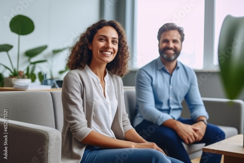 smiling psychologist with notebook and patient at psychotherapy session. AI Generated