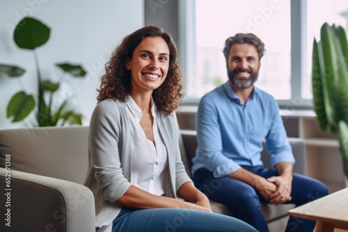 smiling psychologist with notebook and patient at psychotherapy session. AI Generated