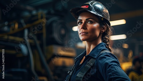 Attractive female industrial factory worker in hard hat helmet and glasses