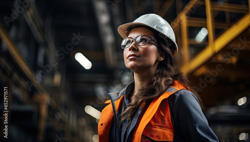 Attractive female industrial factory worker in hard hat helmet and glasses