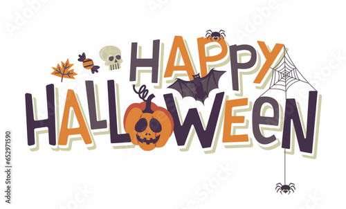 Happy Halloween hand lettering. Vector illustration separated on a white background. Set icons in flat design.