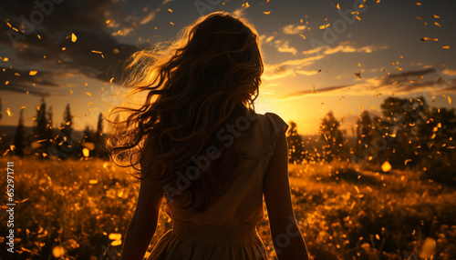 A young woman enjoys the sunset, embracing nature beauty generated by AI