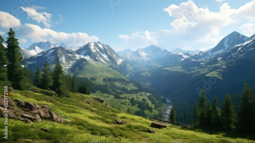 a serene coniferous forest stretching across rolling green hills beneath towering mountains. The summer landscape radiates tranquility and natural beauty. © lililia