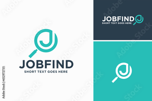 Initial Letter J with Magnifier Magnifying glass lens for Find Search Seek Browse Job Logo