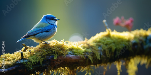 small blue bird sitting on a branch covered with moss. ai generative © Oleksandr