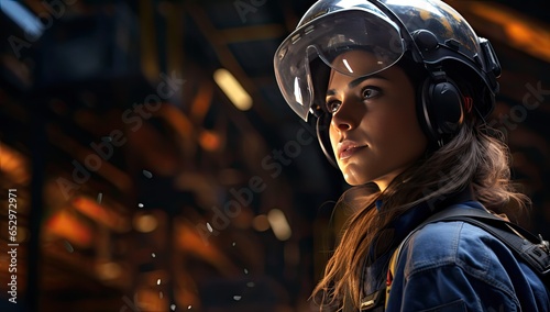 Women industrial worker wearing helmet and safety glasses