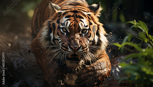 Majestic Bengal tiger walking in the snow, fierce and beautiful generated by AI